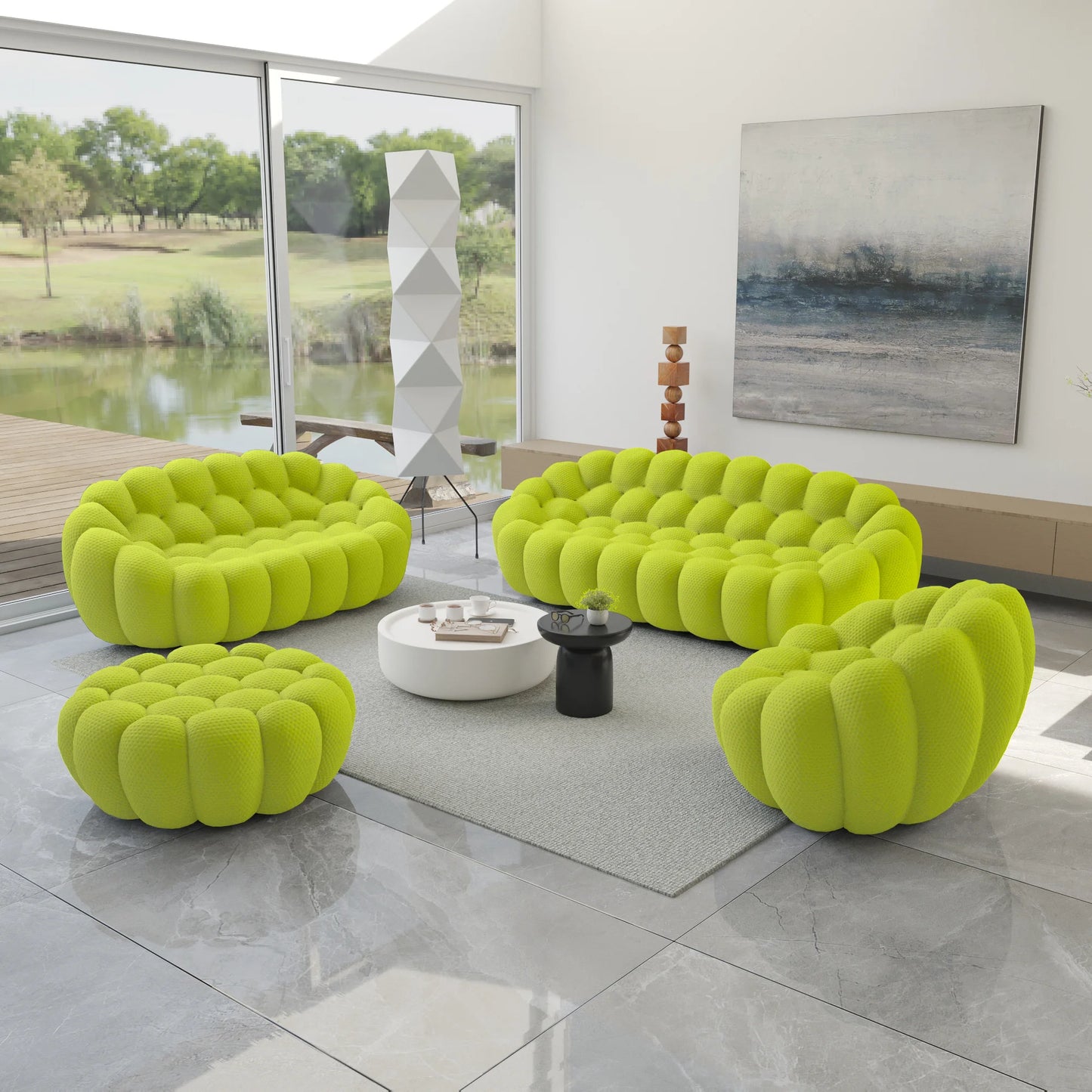 Essential Armless Floor Sofas | 4-Piece 3D Knitted Fabric Lime Green Sofa Sets 6-Seater With 1 Ottoman