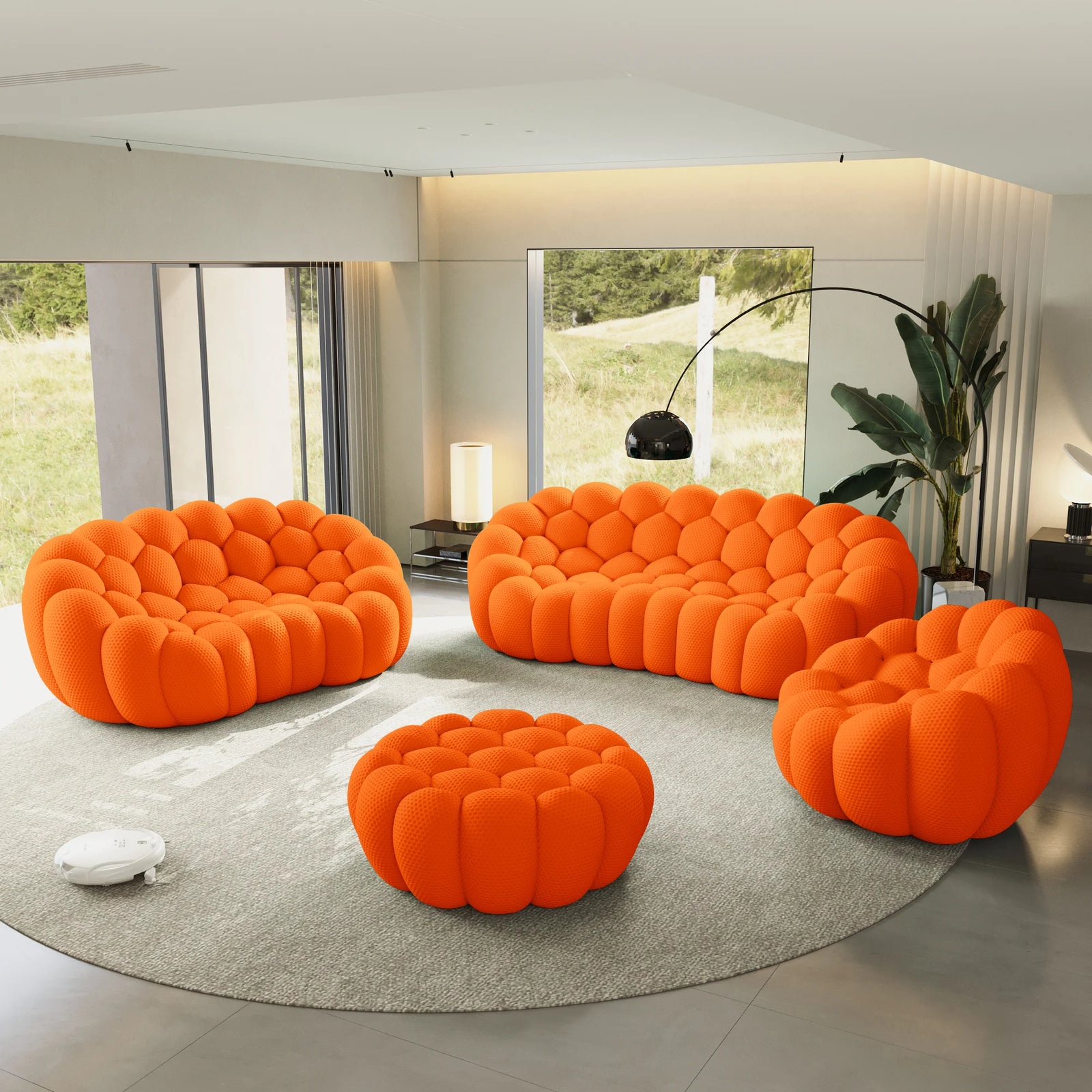 Essential 6-Seater orange 3D-Knitted Fabric Sofa Sets | 4-Piece (includes 1 Ottoman), 3D-Knitted Fabric, Large Space