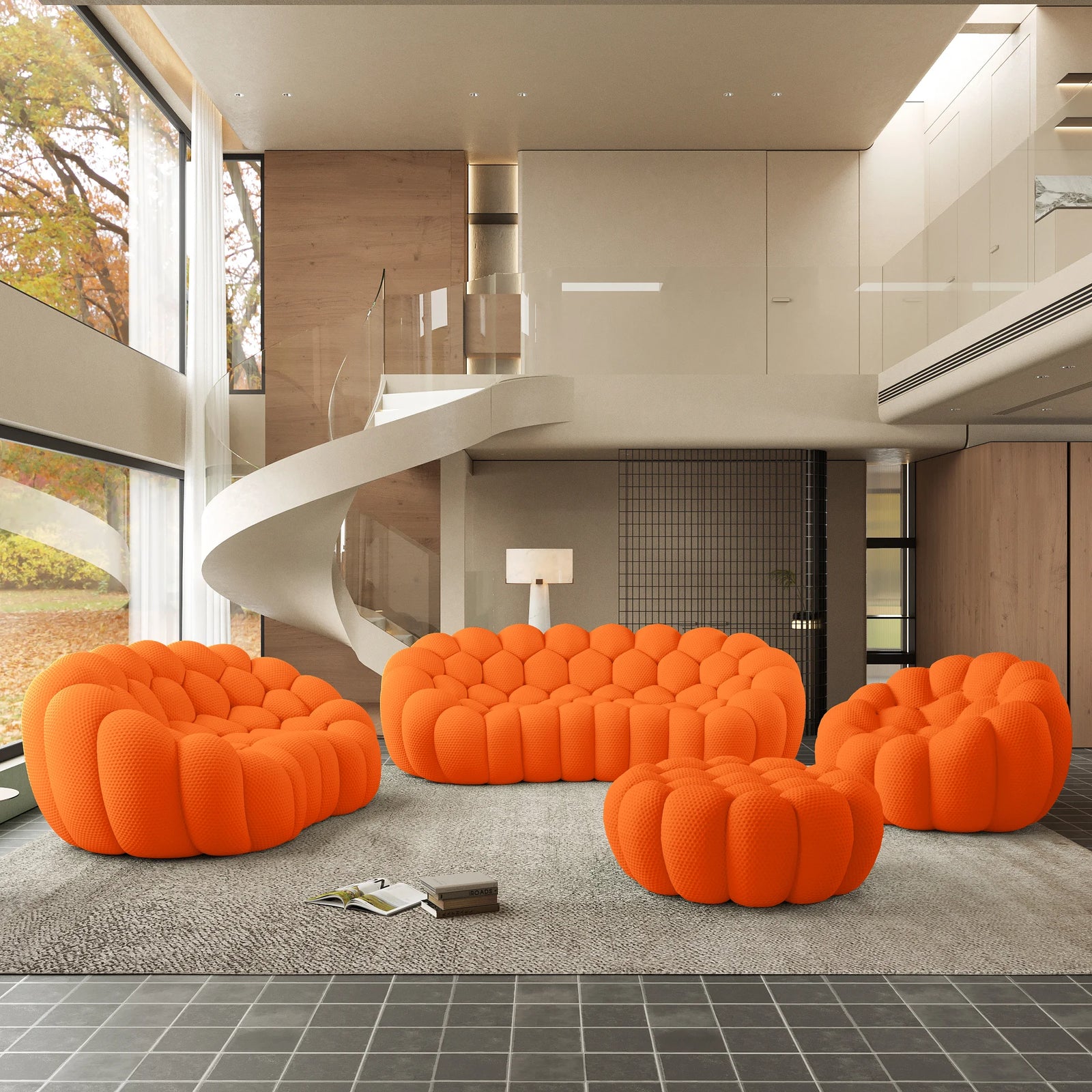 Essential 6-Seater orange 3D-Knitted Fabric Sofa Sets | 4-Piece (includes 1 Ottoman), 3D-Knitted Fabric, Large Space