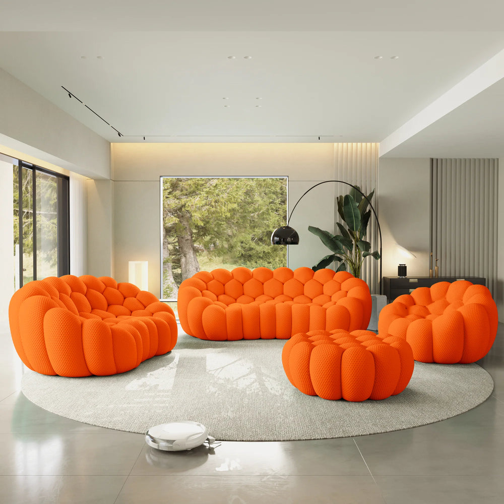 Sofás Essential Arc Boneless | Conjunto de sofás naranjas de 4 piezas con tejido de punto 3D de 6 plazas y 1 otomana