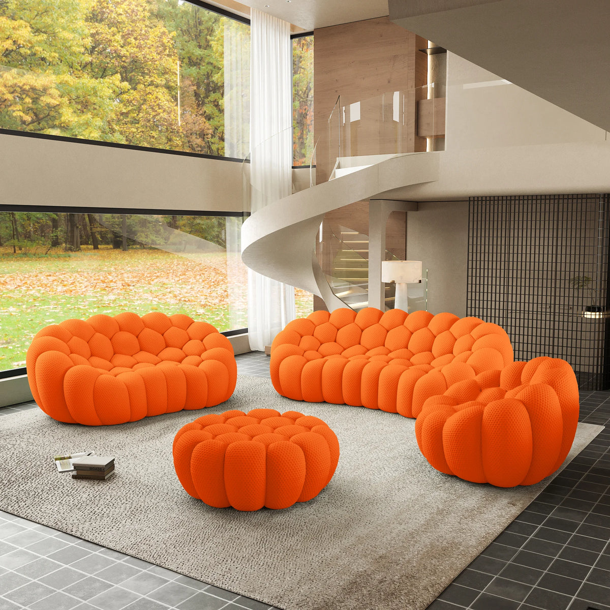 Essential 6-Seater orange 3D-Knitted Fabric Sofa Sets | 4-Piece (includes 1 Ottoman), 3D-Knitted Fabric, Large Space