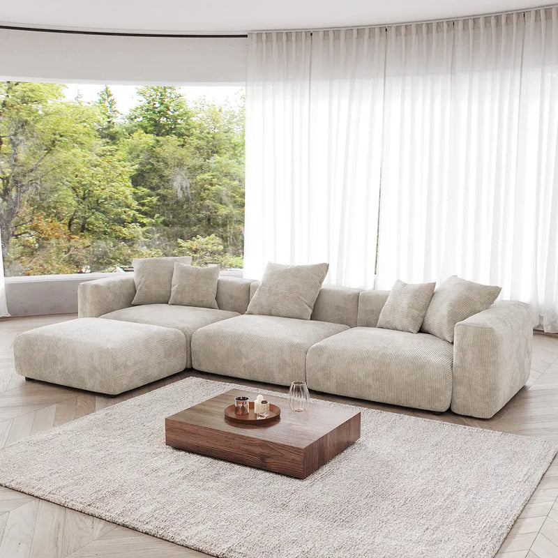 Matrix Modern Modular Sofas | 4-Piece Beige Corduroy L Shaped Sectionals 3-seaters
