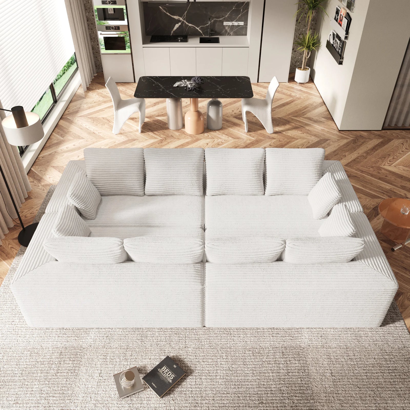 Matrix 8-Seater beige Modular U-Shaped Sectionals | 4-Piece, Corduroy Fabric, Large Space