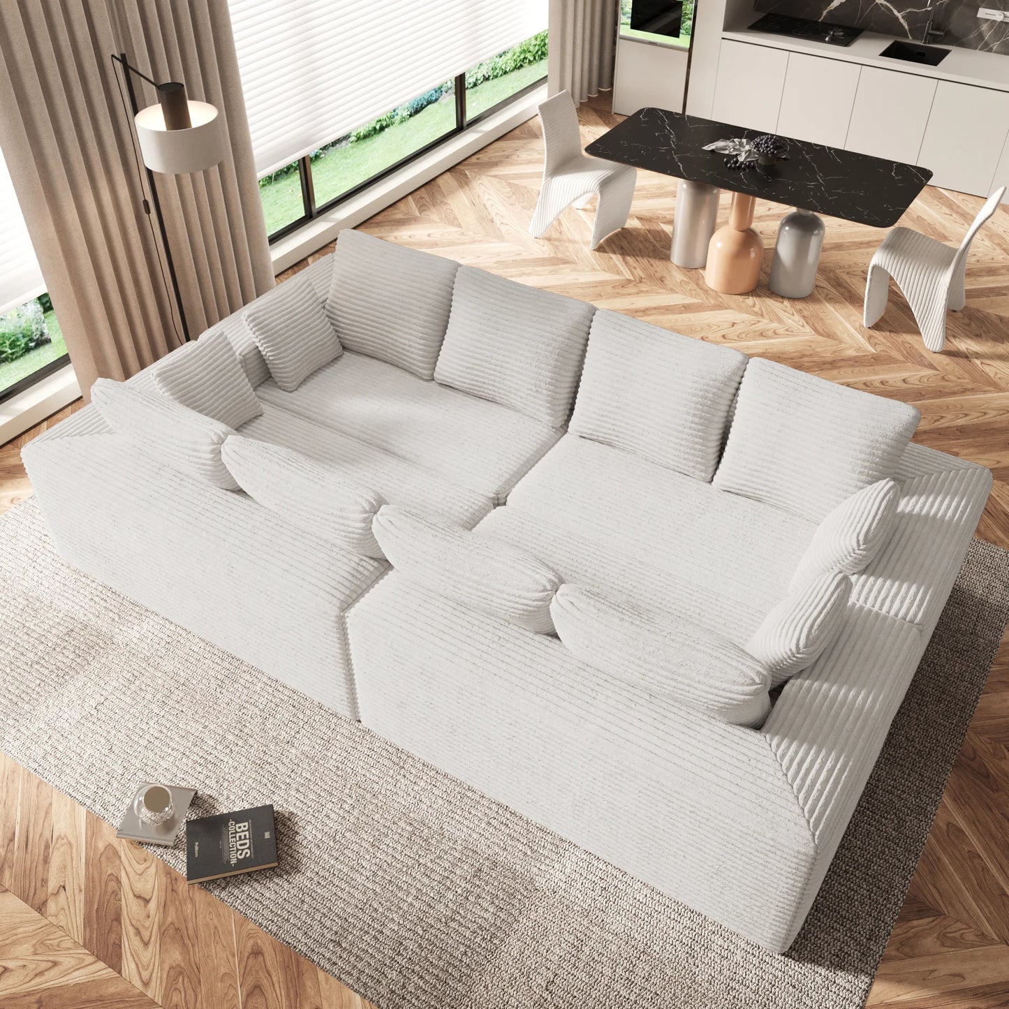 Sofás seccionales Matrix Nook | Sofás seccionales en forma de U de 4 piezas en pana beige de 4 plazas