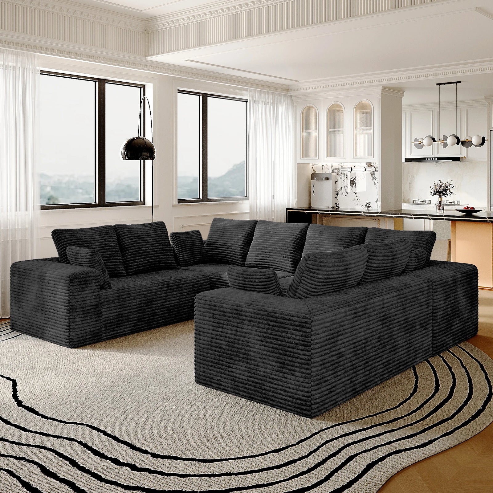 Seccionales modulares Matrix de 8 plazas, en forma de U, de color negro | 4 piezas, tela de pana, diseño espacioso
