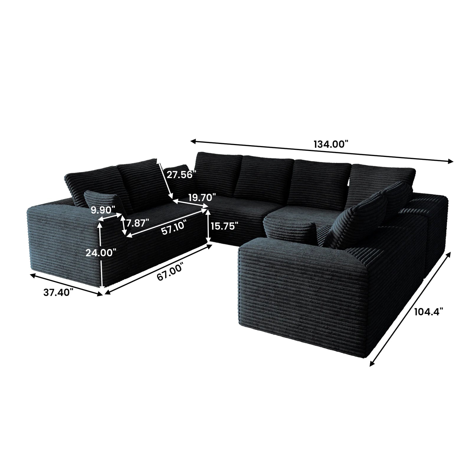 Seccionales modulares Matrix de 8 plazas, en forma de U, de color negro | 4 piezas, tela de pana, diseño espacioso