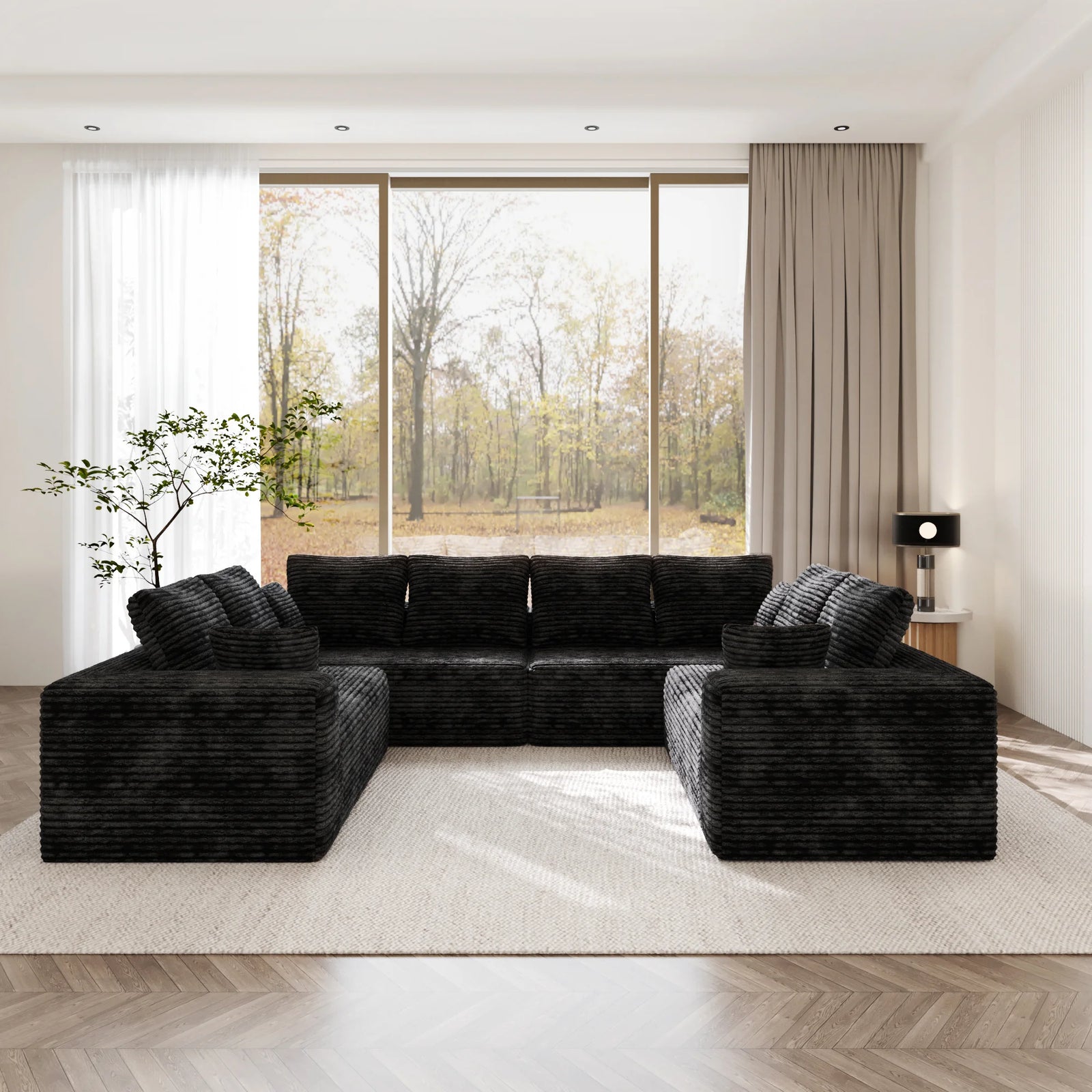 Seccionales modulares Matrix de 8 plazas, en forma de U, de color negro | 4 piezas, tela de pana, diseño espacioso