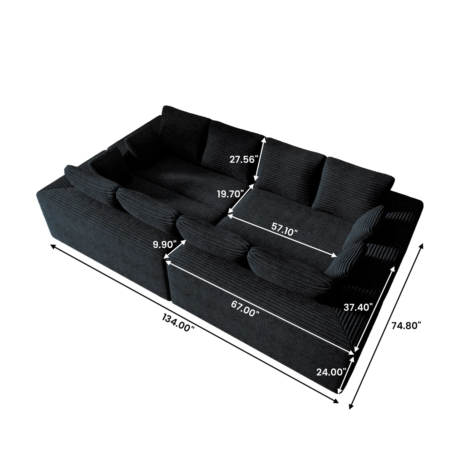 Seccionales modulares Matrix de 8 plazas, en forma de U, de color negro | 4 piezas, tela de pana, diseño espacioso