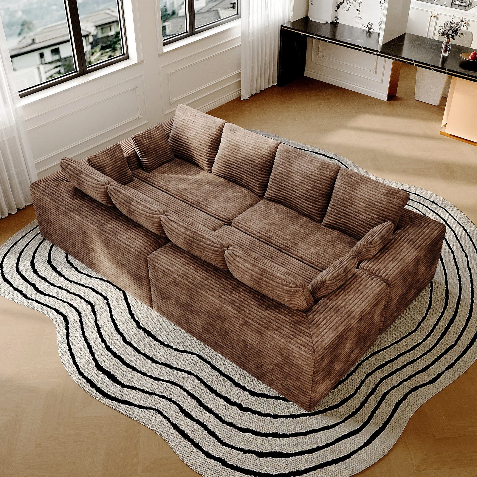 Matrix 8-Seater brown Modular U-Shaped Sectionals | 4-Piece, Corduroy Fabric, Large Space