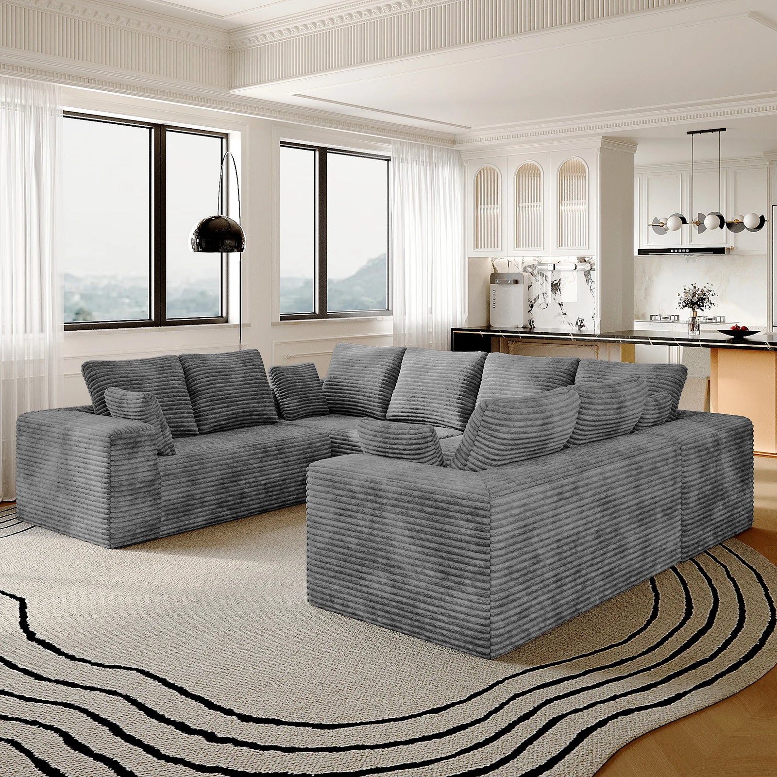 Matrix 8-Seater light-grey Modular U-Shaped Sectionals | 4-Piece, Corduroy Fabric, Spacious Design
