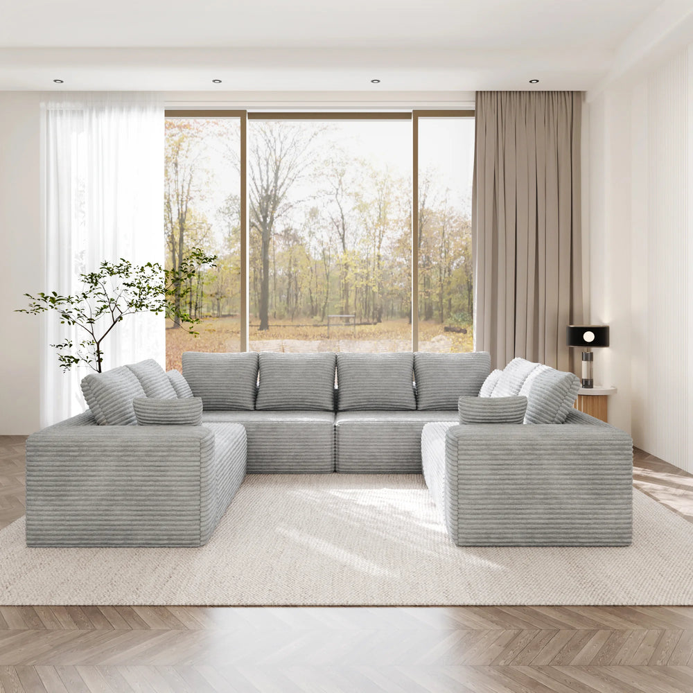 Sofás seccionales Matrix Nook | Sofás seccionales en forma de U de 4 piezas, de pana gris claro, de 4 plazas