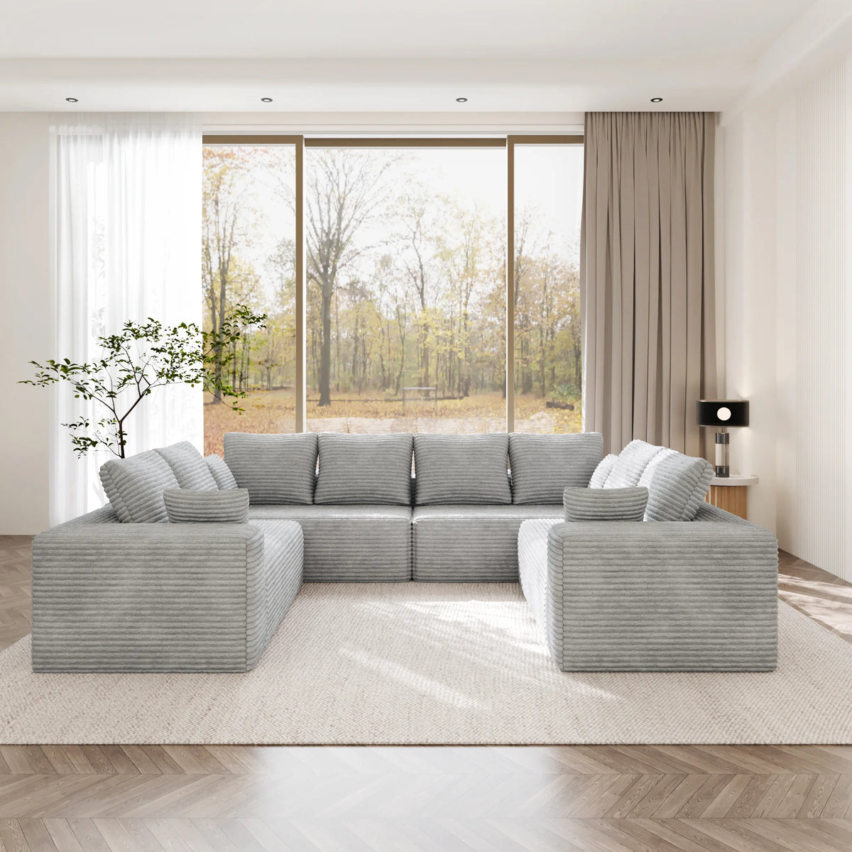 Matrix 8-Seater light-grey Modular U-Shaped Sectionals | 4-Piece, Corduroy Fabric, Spacious Design