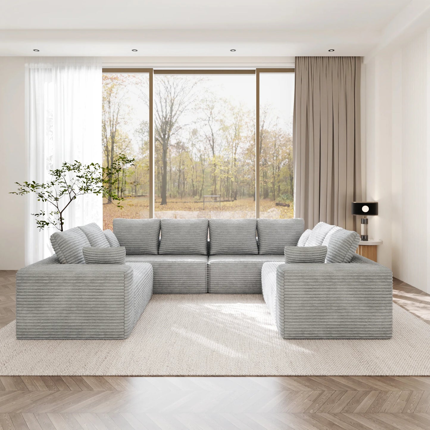 Sofás seccionales Matrix Nook | Sofás seccionales en forma de U de 4 piezas, de pana gris claro, de 4 plazas
