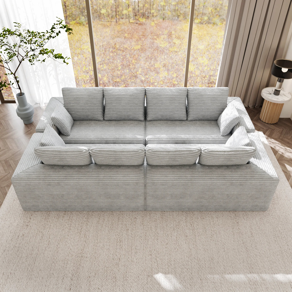 Matrix 8-Seater light-grey Modular U-Shaped Sectionals | 4-Piece, Corduroy Fabric, Spacious Design