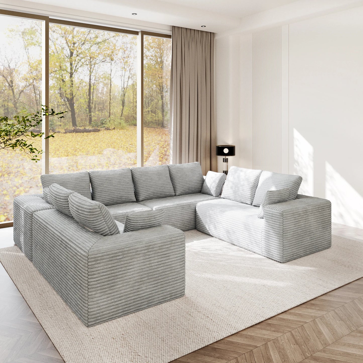 Sofás seccionales Matrix Nook | Sofás seccionales en forma de U de 4 piezas, de pana gris claro, de 4 plazas
