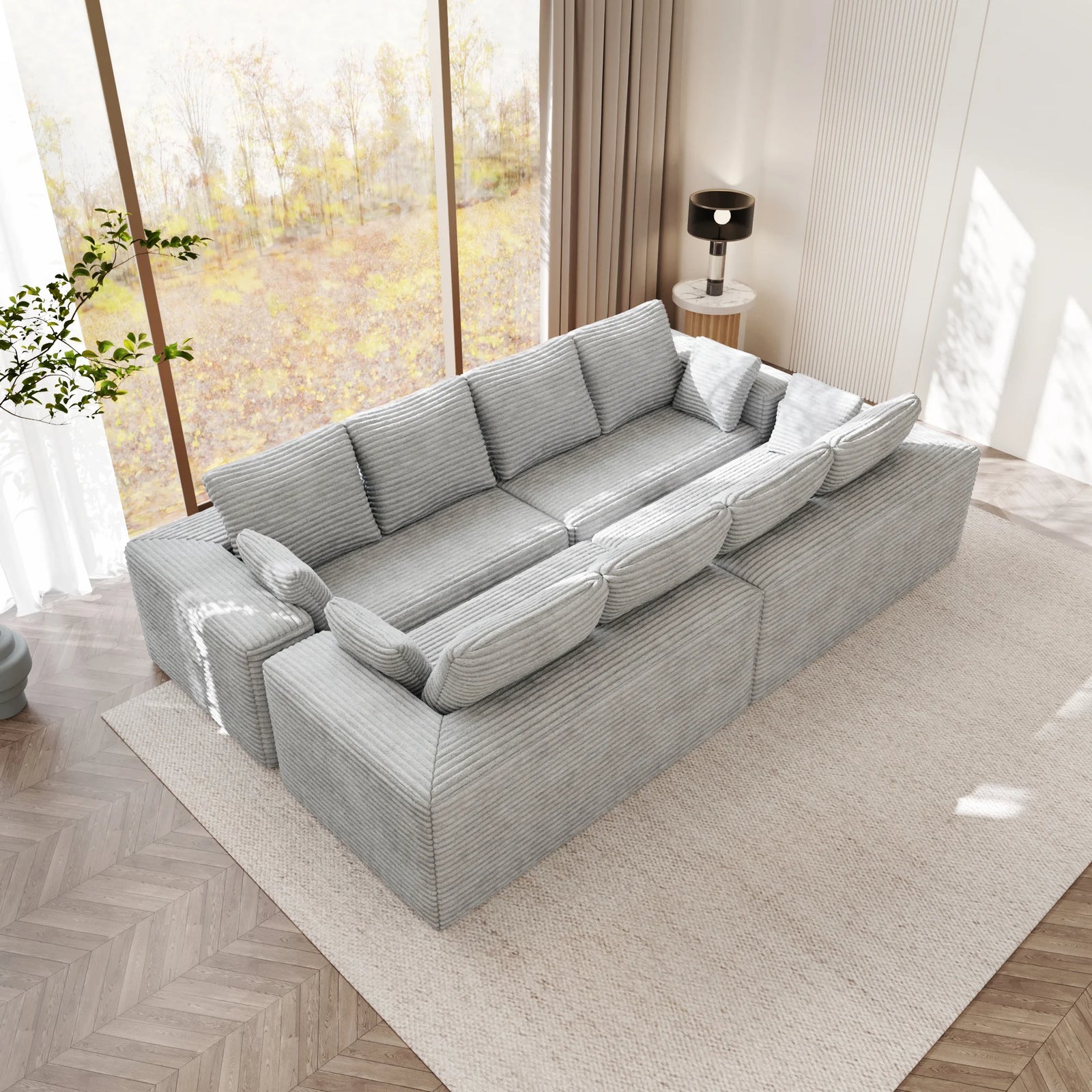Matrix 8-Seater light-grey Modular U-Shaped Sectionals | 4-Piece, Corduroy Fabric, Spacious Design