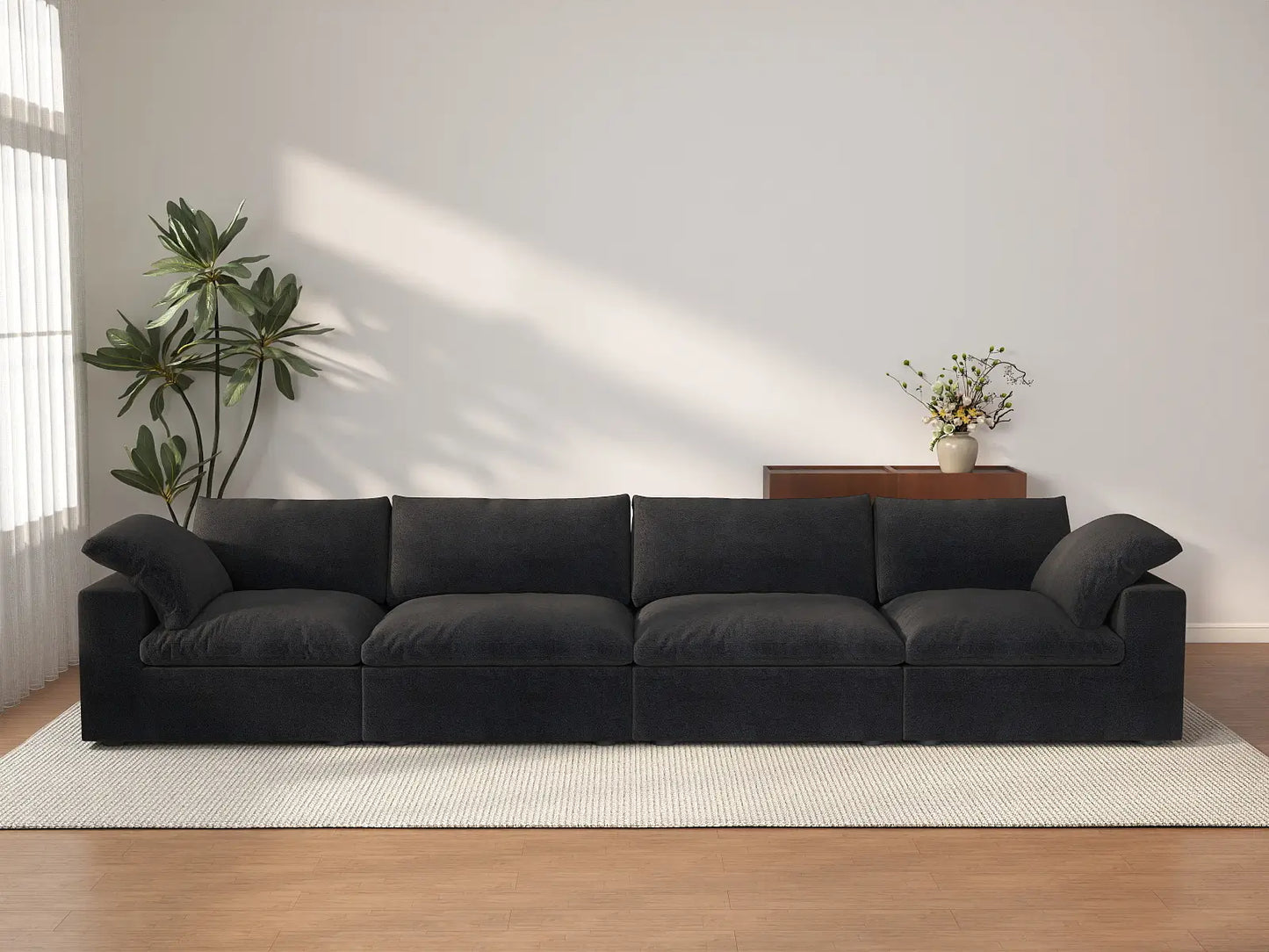 4 Piece Cotton and Linen Black Couch Sectionals 160 Storage Ottoman 4 Seater_2