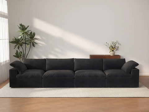 Sofá seccional Deluxe Cloud de 4 plazas, color negro, lavable | 4 piezas, tela de algodón y lino, diseño modular