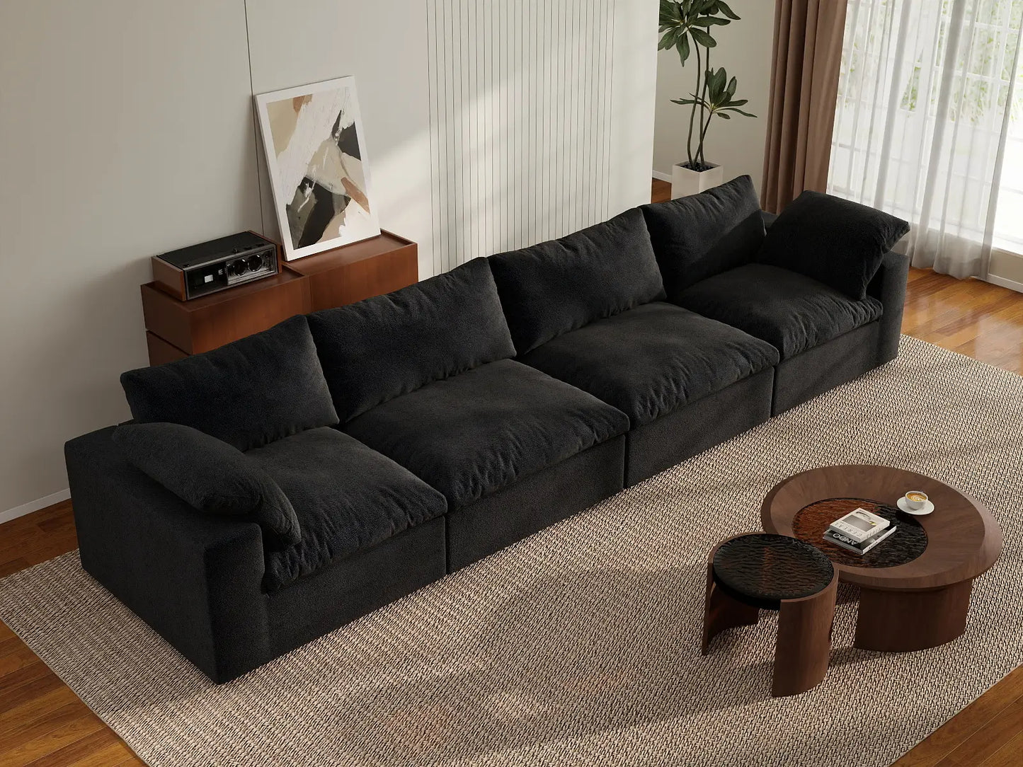 4 Piece Cotton and Linen Black Couch Sectionals 160 Storage Ottoman 4 Seater_6