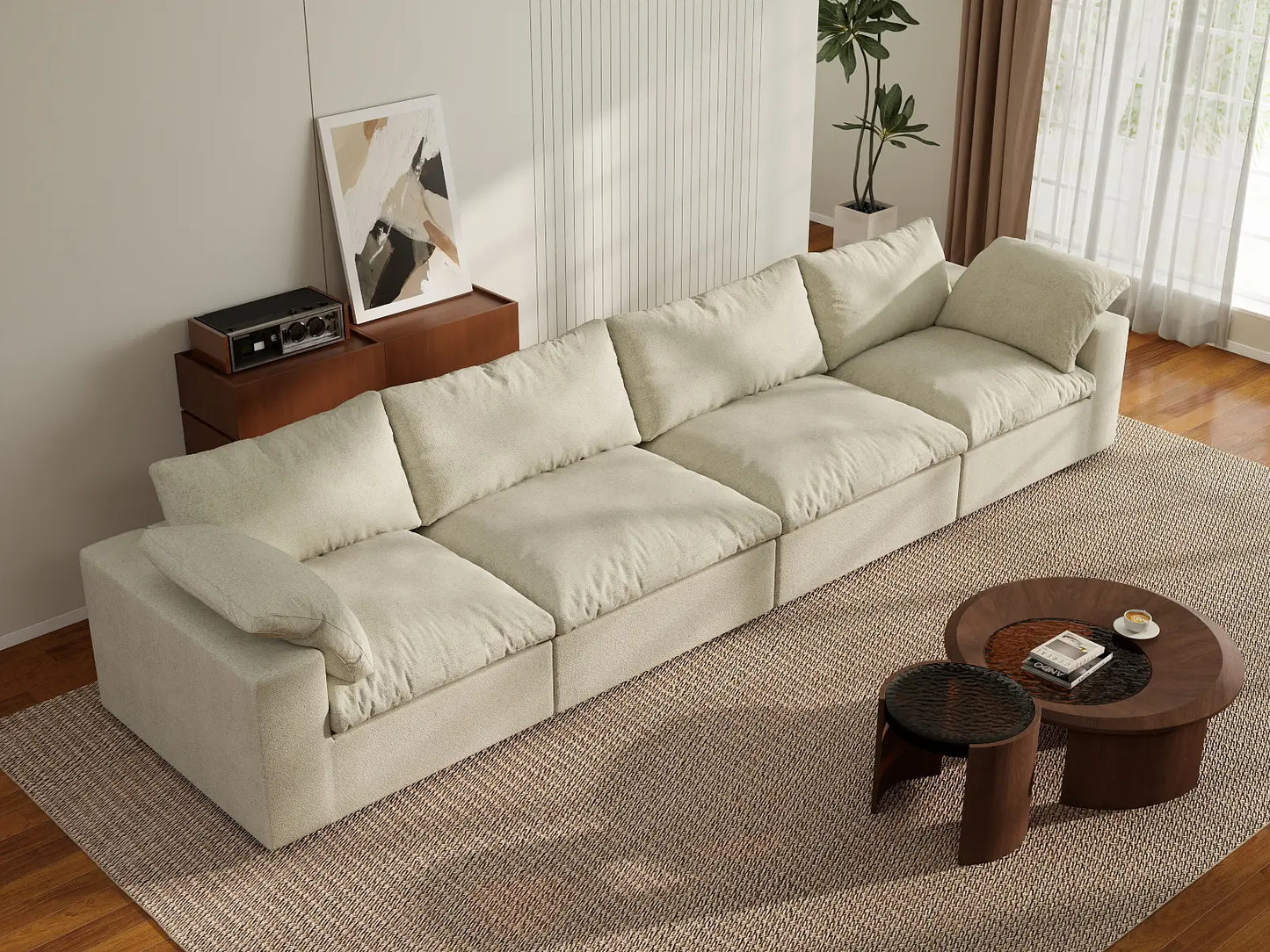 4 Piece Cotton and Linen Khaki Couch Sectionals 160 Storage Ottoman 4 Seater_6