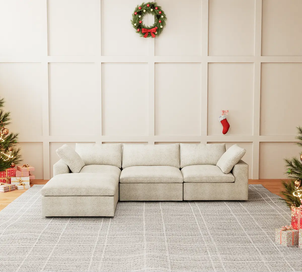 Deluxe Premium Cloud Sectional Sofas | 4-Piece Cotton and Linen Light Grey L-Shaped Sectionals 120