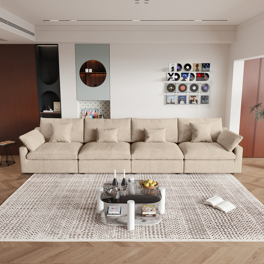 Deluxe Slope Cloud Sectional Sofas | 4-Piece Linen Khaki Couch Sectionals 4-Seater