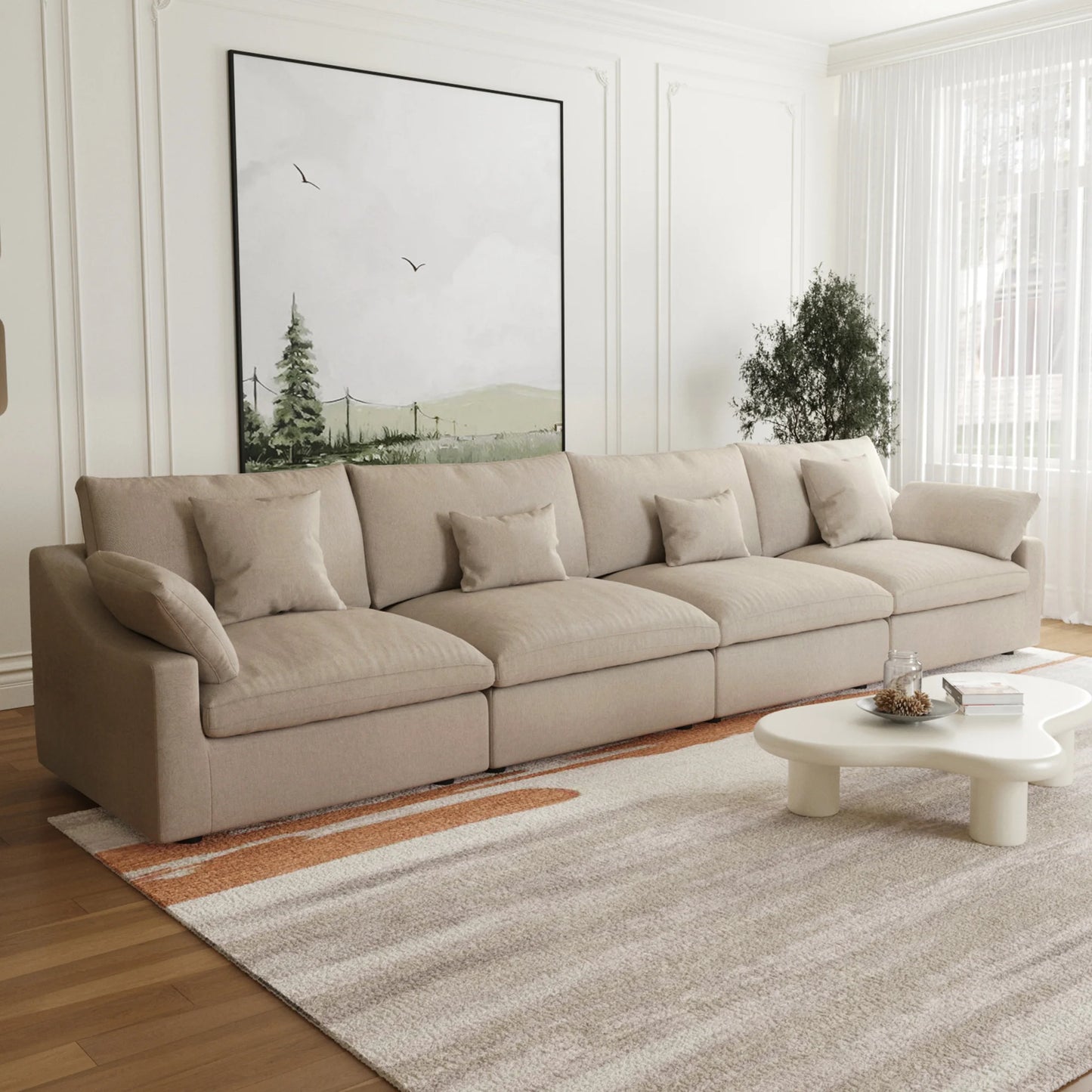 Deluxe Slope Cloud Sectional Sofas | 4-Piece Linen Khaki Couch Sectionals 4-Seater