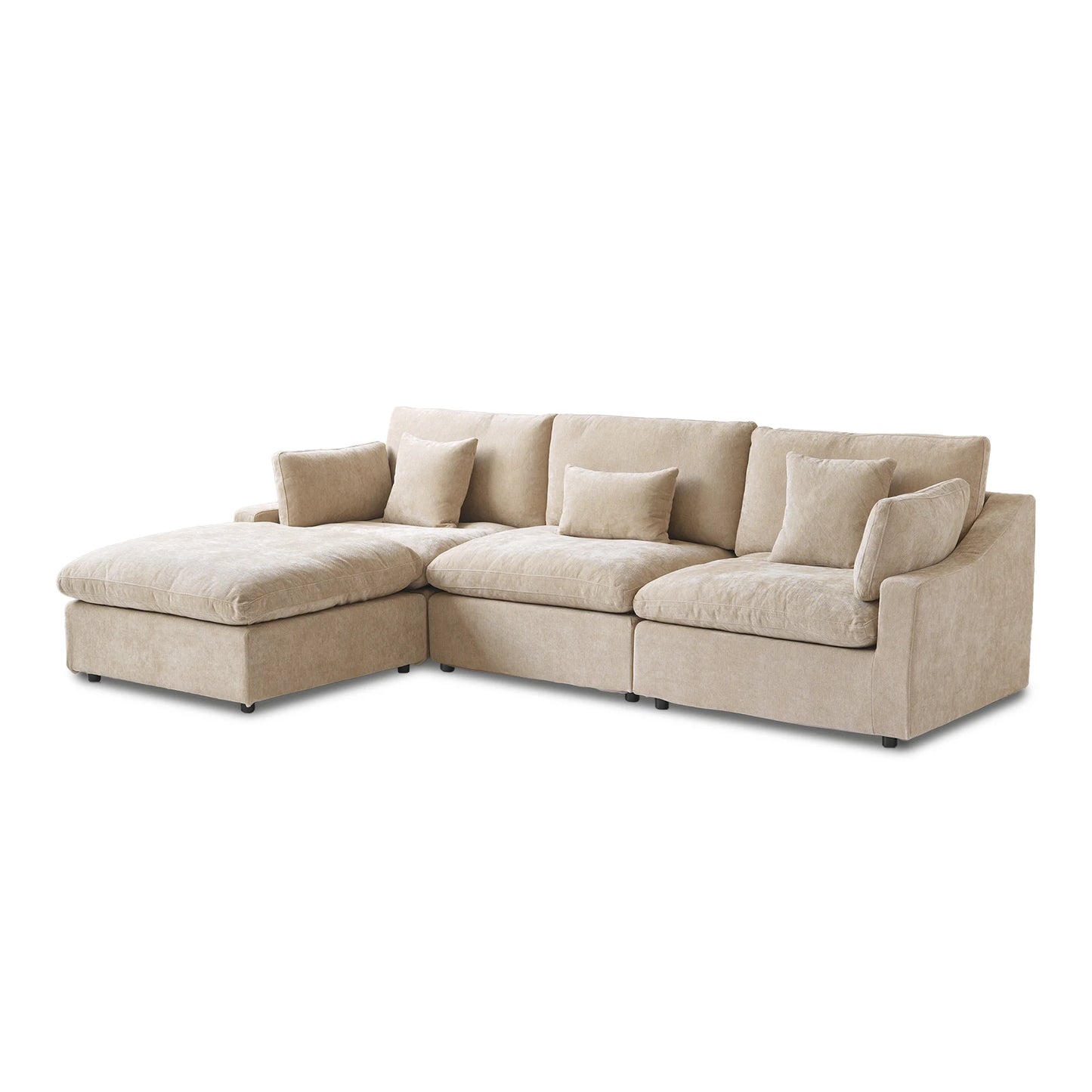 Deluxe Slope Cloud Sectional Sofas | 4-Piece Linen Khaki L-Shaped Sectionals 3-Seater With 1 Ottoman