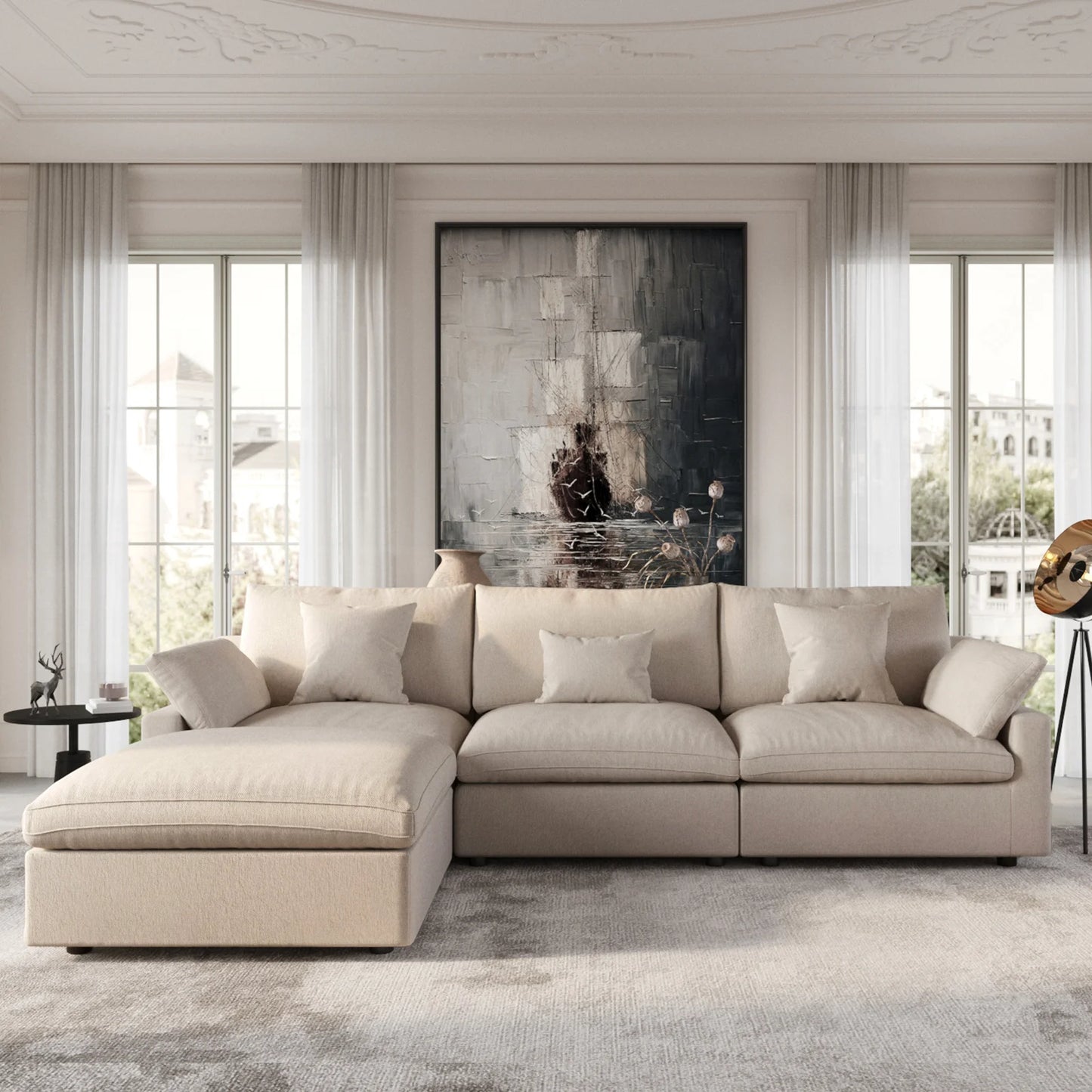 Deluxe Slope Cloud Sectional Sofas | 4-Piece Linen Khaki L-Shaped Sectionals 3-Seater With 1 Ottoman