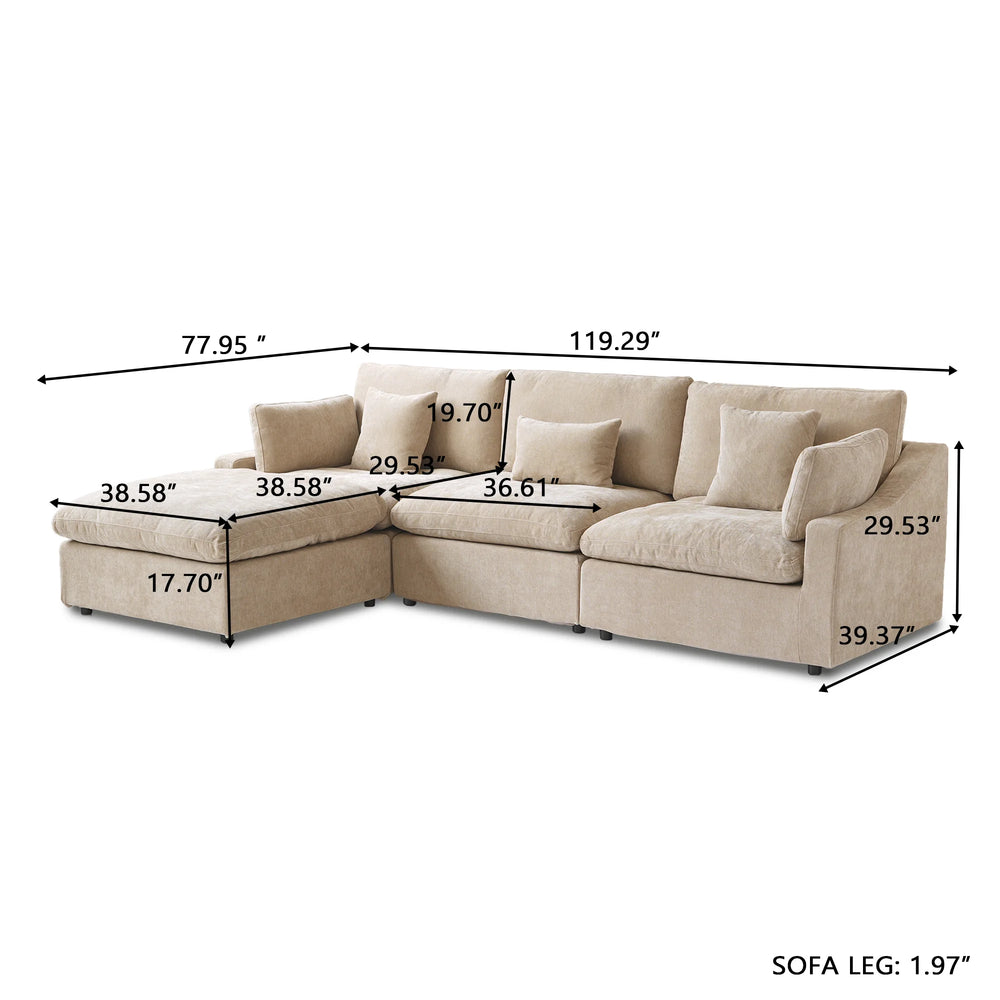 Deluxe Slope Cloud Sectional Sofas | 4-Piece Linen Khaki L-Shaped Sectionals 3-Seater With 1 Ottoman