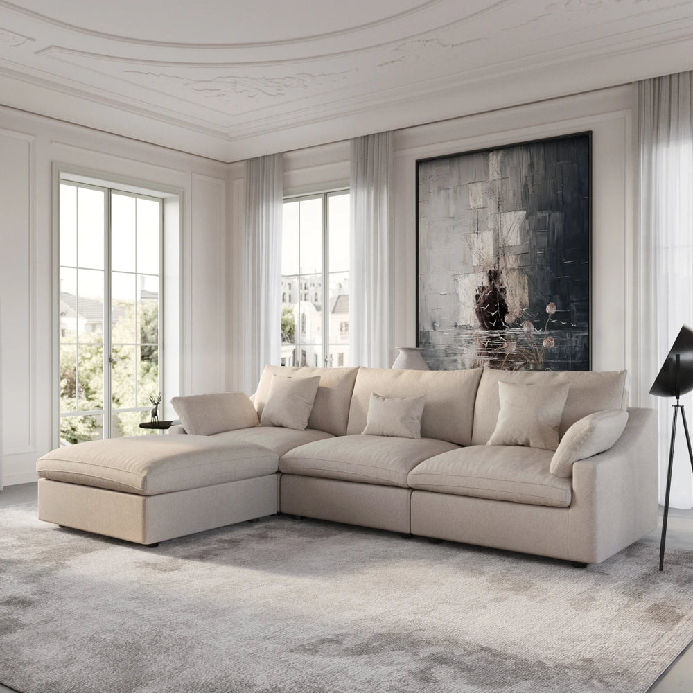 Deluxe Slope Cloud Sectional Sofas | 4-Piece Linen Khaki L-Shaped Sectionals 3-Seater With 1 Ottoman