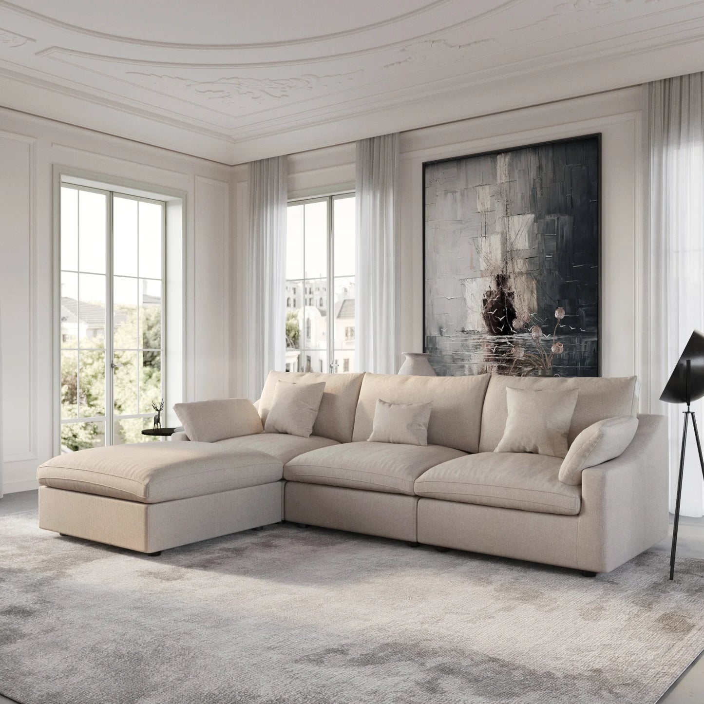 Deluxe Slope Cloud Sectional Sofas | 4-Piece Linen Khaki L-Shaped Sectionals 3-Seater With 1 Ottoman