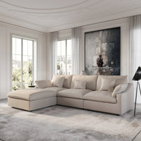 Deluxe Slope Cloud Sectional Sofas | 4-Piece Linen Khaki L-Shaped Sectionals 3-Seater With 1 Ottoman