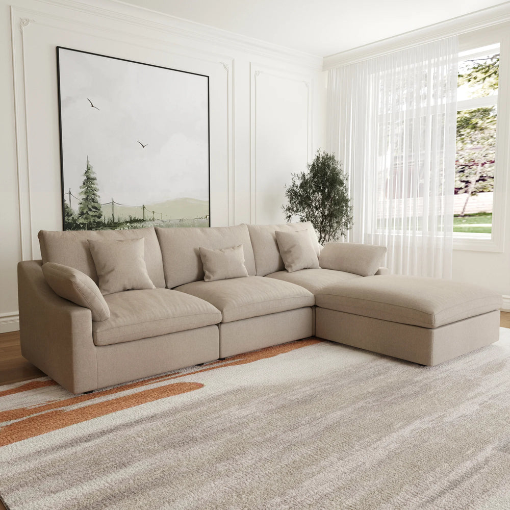 Deluxe Slope Cloud Sectional Sofas | 4-Piece Linen Khaki L-Shaped Sectionals 3-Seater With 1 Ottoman