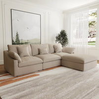 Deluxe Slope Cloud Sectional Sofas | 4-Piece Linen Khaki L-Shaped Sectionals 3-Seater With 1 Ottoman