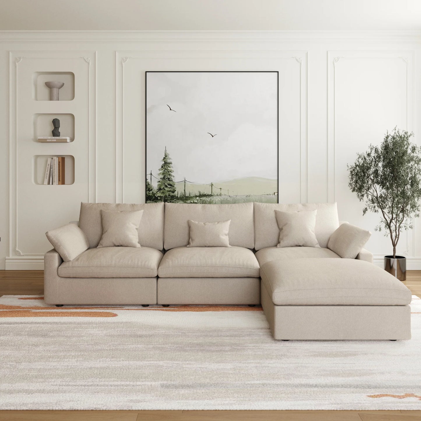 Deluxe Slope Cloud Sectional Sofas | 4-Piece Linen Khaki L-Shaped Sectionals 3-Seater With 1 Ottoman