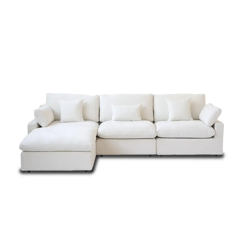 Deluxe Slope Cloud Sectional Sofas | 4-Piece Linen White L-Shaped Sectionals 120" Adjustable Backrest Pillows 3-seaters
