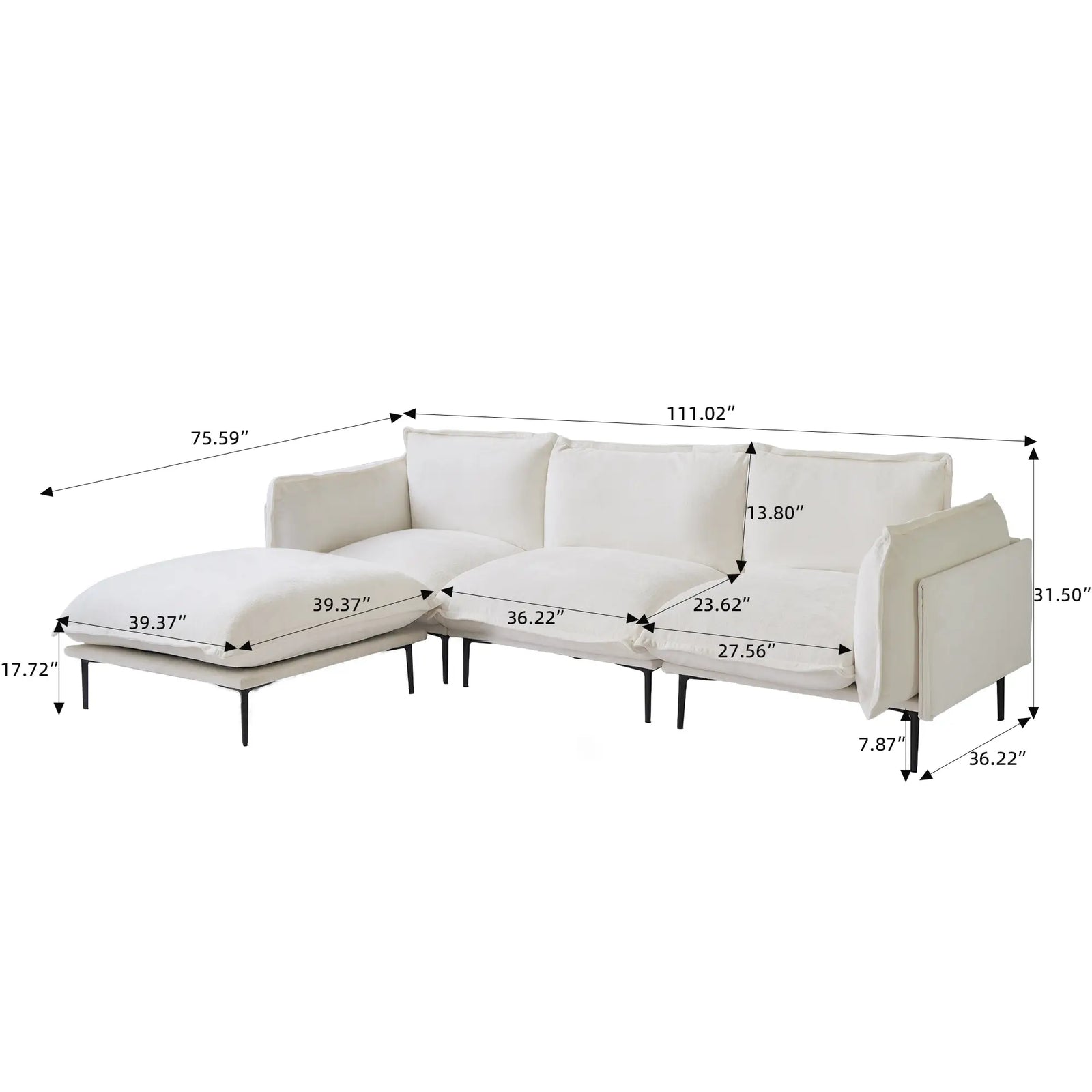 Sofá modular en forma de L Deluxe Cloud de 3 plazas, color beige | 4 piezas (incluye 1 otomana), tela de terciopelo, gran capacidad.