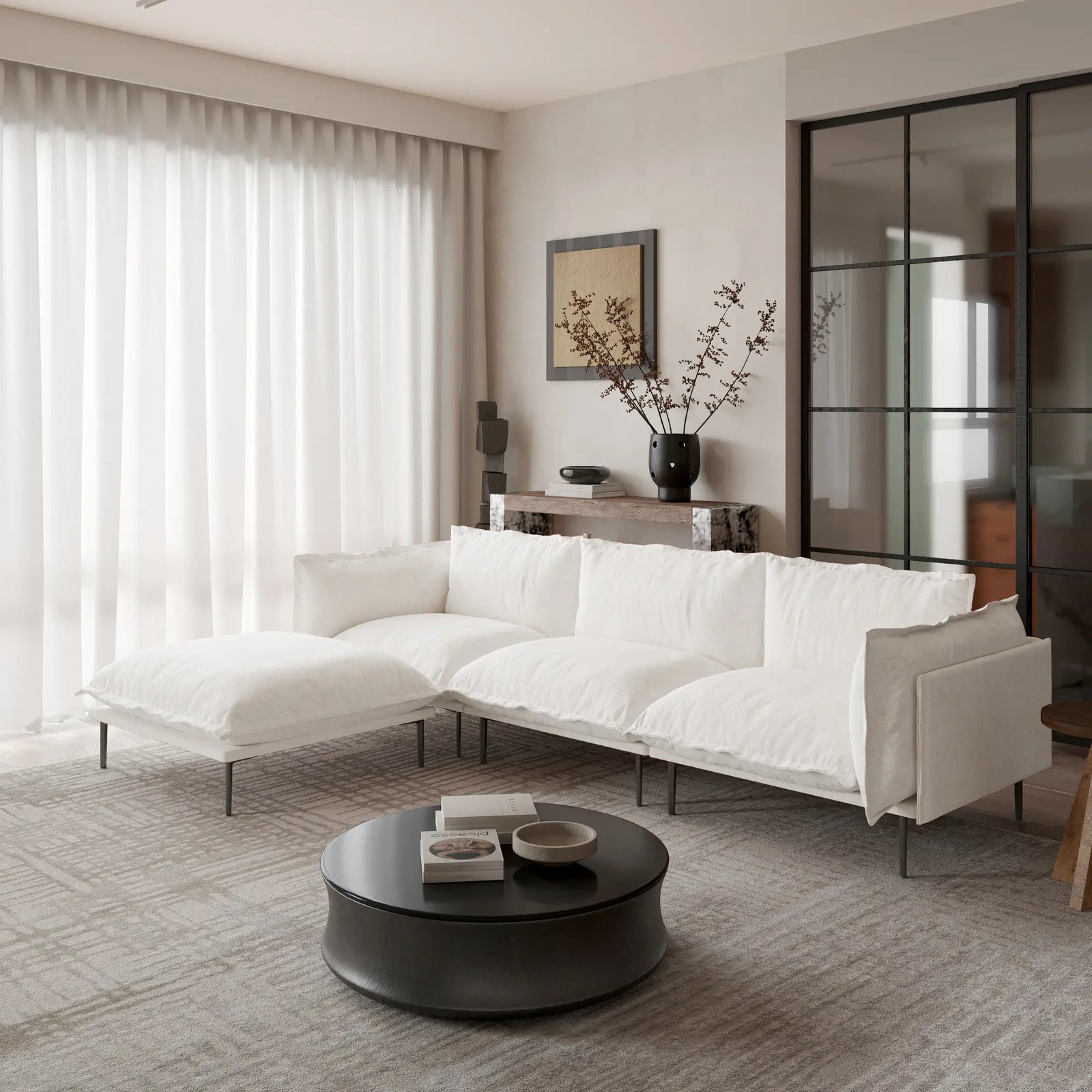 Sofá modular en forma de L Deluxe Cloud de 3 plazas, color beige | 4 piezas (incluye 1 otomana), tela de terciopelo, gran capacidad.