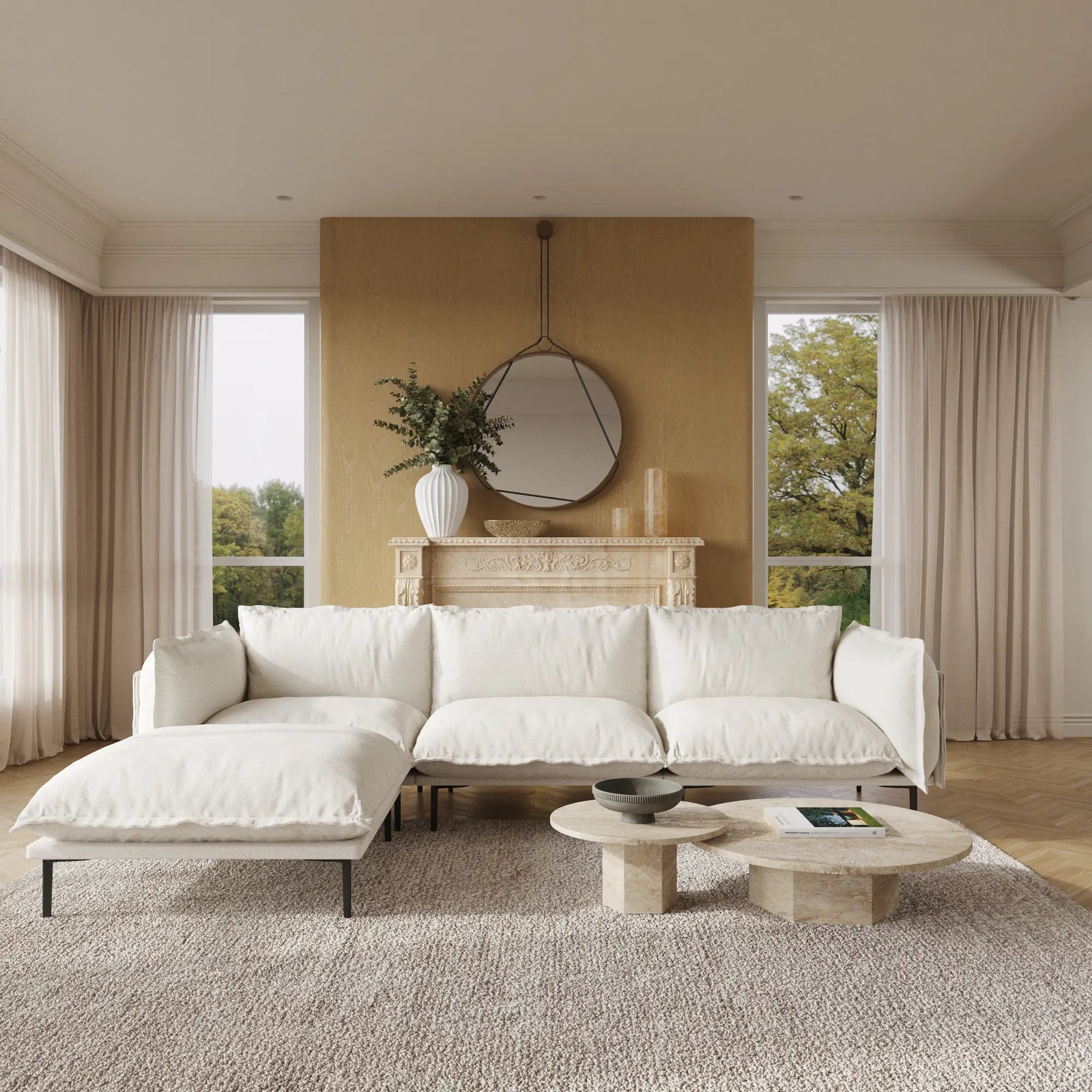 Sofá modular en forma de L Deluxe Cloud de 3 plazas, color beige | 4 piezas (incluye 1 otomana), tela de terciopelo, gran capacidad.