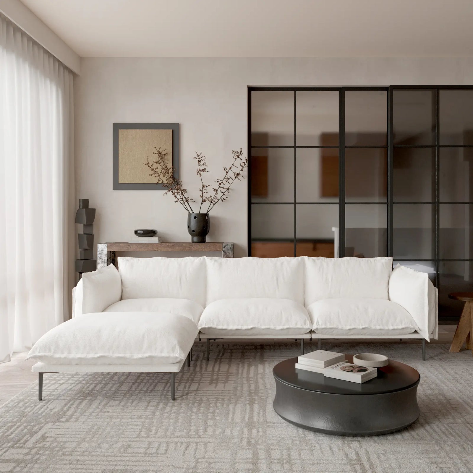 Sofá modular en forma de L Deluxe Cloud de 3 plazas, color beige | 4 piezas (incluye 1 otomana), tela de terciopelo, gran capacidad.