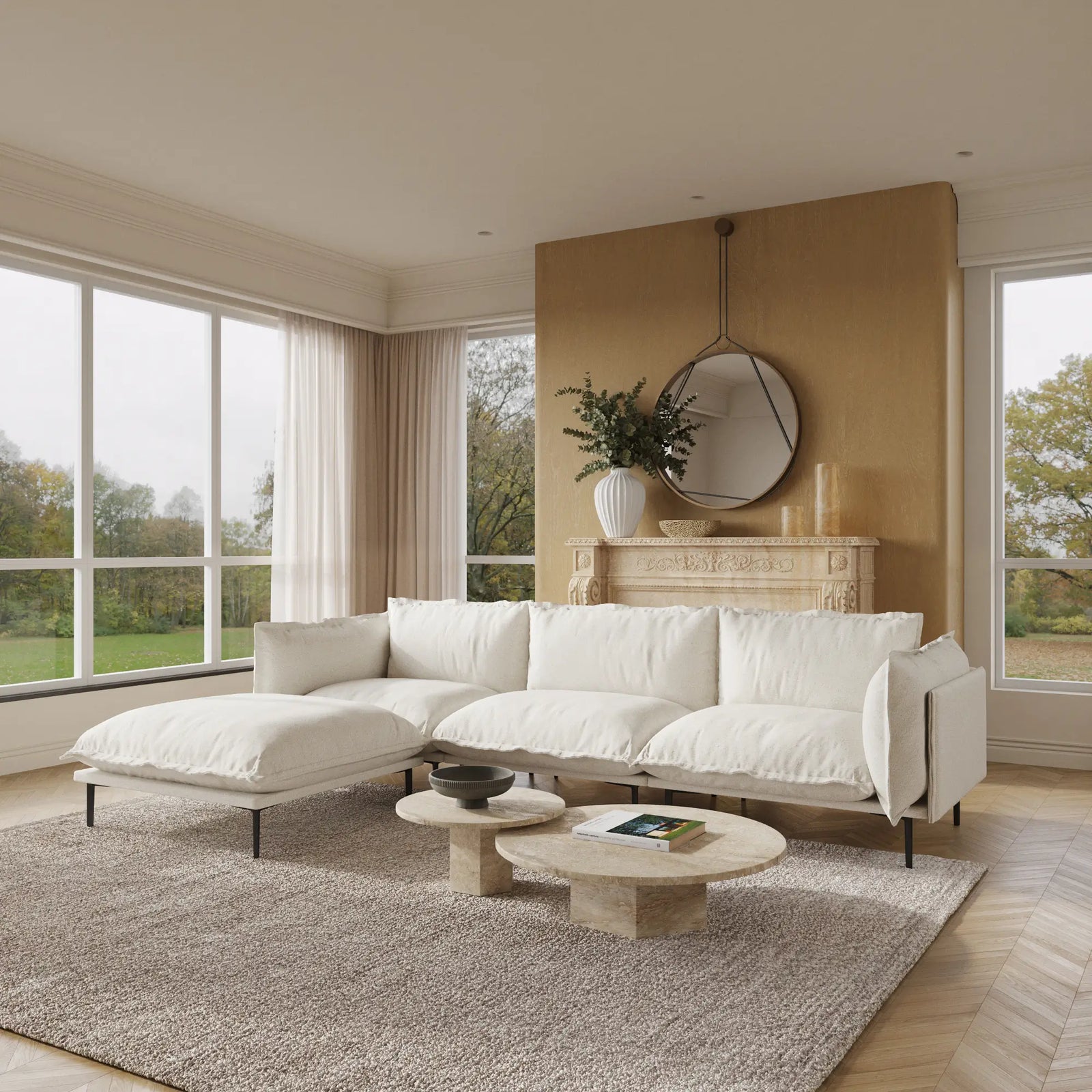 Sofá modular en forma de L Deluxe Cloud de 3 plazas, color beige | 4 piezas (incluye 1 otomana), tela de terciopelo, gran capacidad.