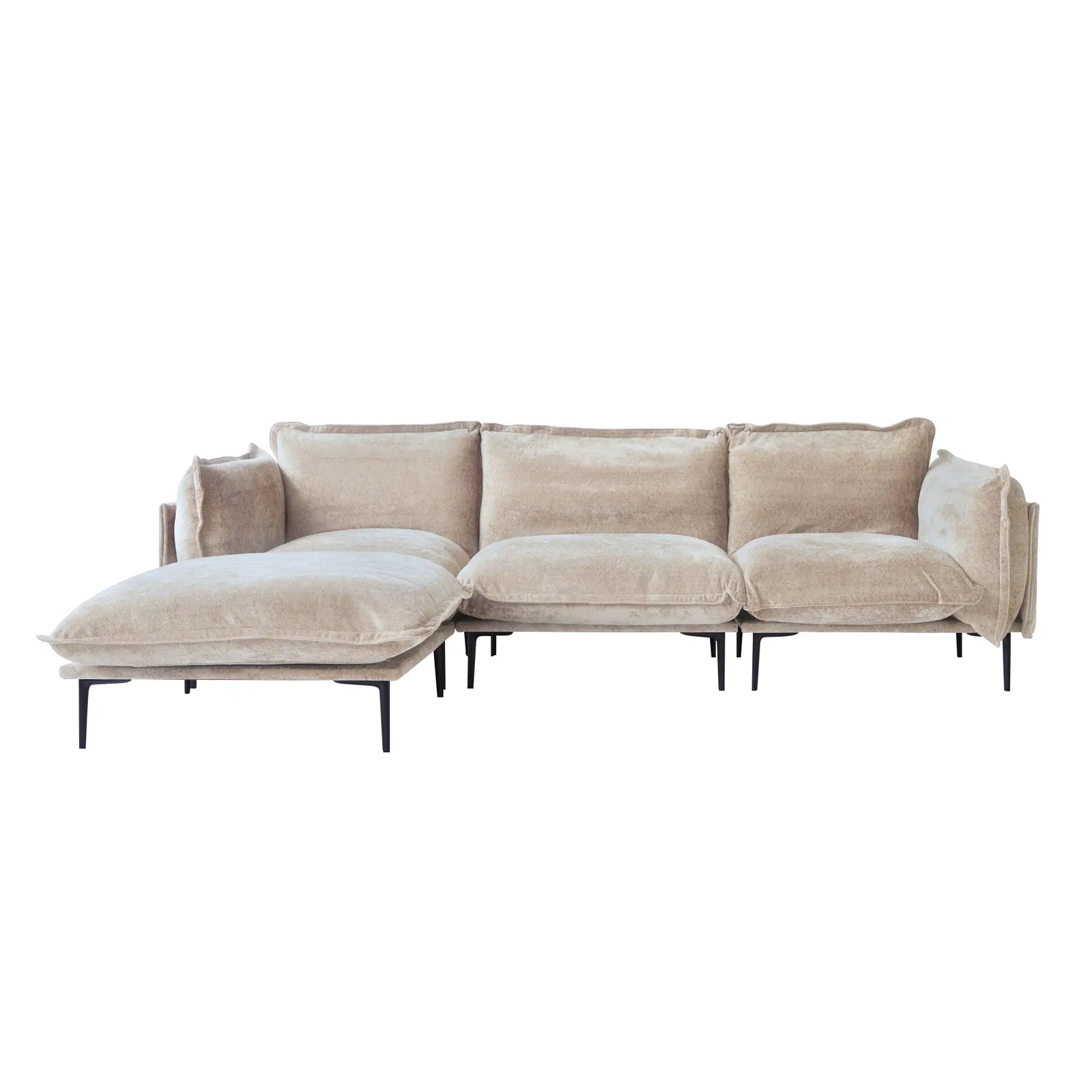 Sofá modular en forma de L Deluxe Cloud de 3 plazas, color marrón | 4 piezas (incluye 1 otomana), tela de terciopelo, diseño espacioso