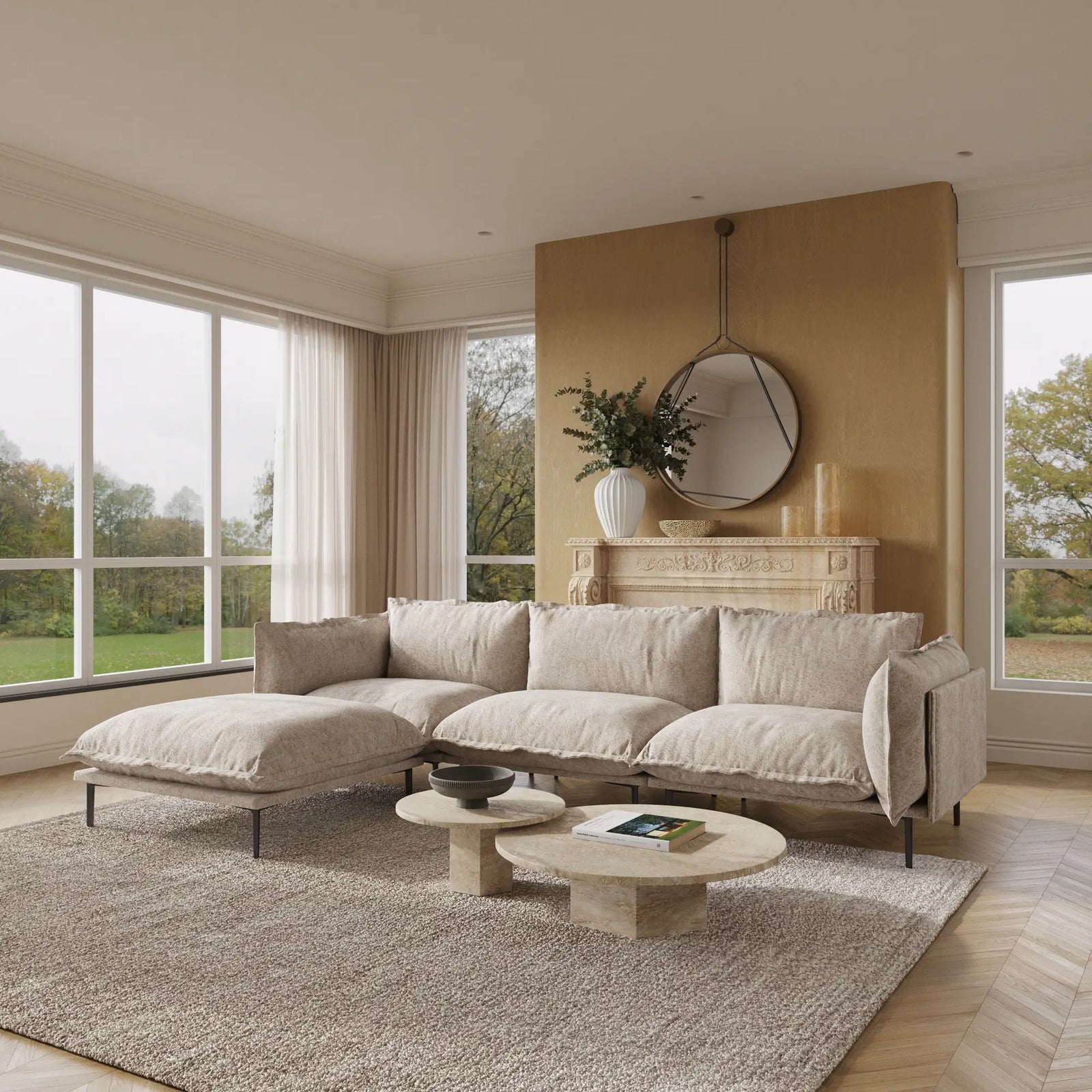 Sofá modular en forma de L Deluxe Cloud de 3 plazas, color marrón | 4 piezas (incluye 1 otomana), tela de terciopelo, diseño espacioso