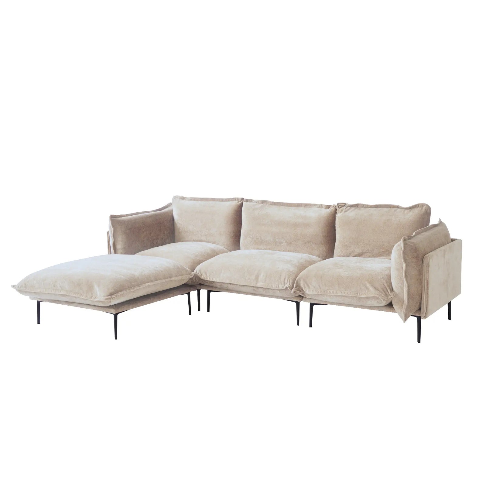 Sofá modular en forma de L Deluxe Cloud de 3 plazas, color marrón | 4 piezas (incluye 1 otomana), tela de terciopelo, diseño espacioso