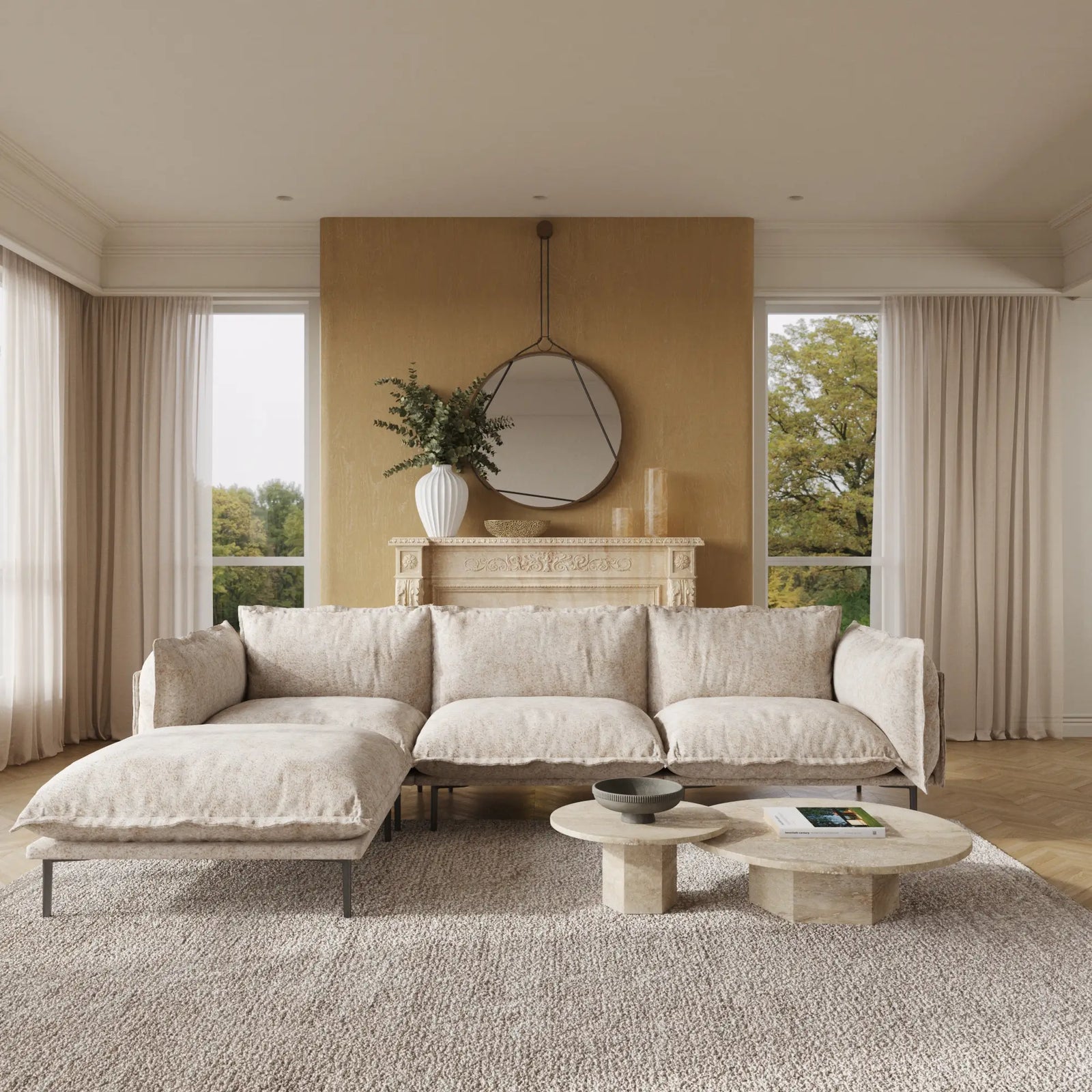 Sofá modular en forma de L Deluxe Cloud de 3 plazas, color marrón | 4 piezas (incluye 1 otomana), tela de terciopelo, diseño espacioso