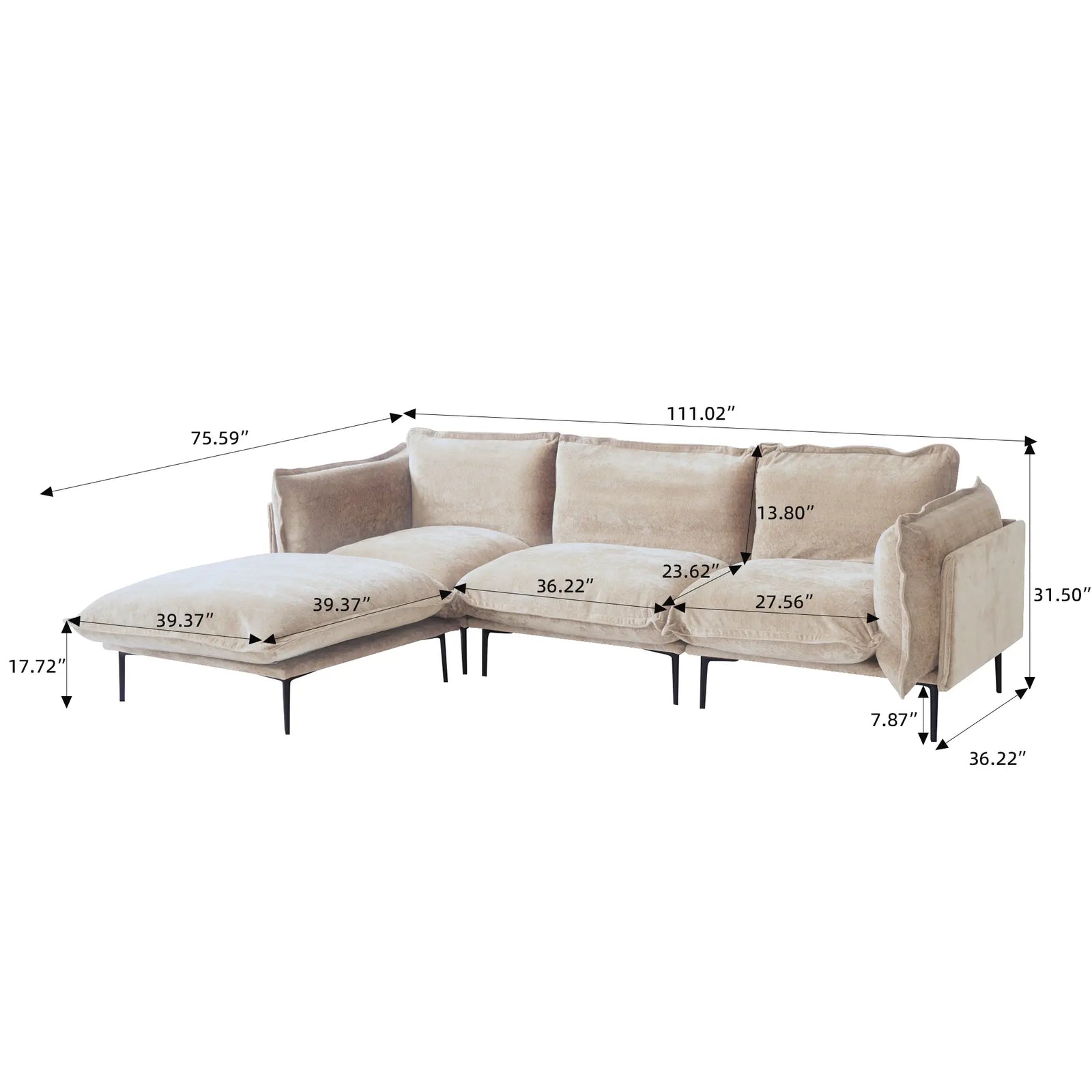 Sofá modular en forma de L Deluxe Cloud de 3 plazas, color marrón | 4 piezas (incluye 1 otomana), tela de terciopelo, diseño espacioso