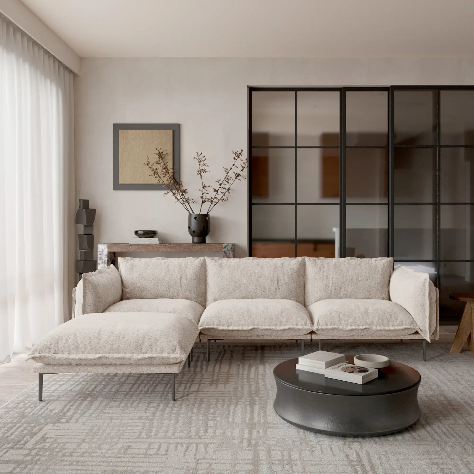 Sofá modular en forma de L Deluxe Cloud de 3 plazas, color marrón | 4 piezas (incluye 1 otomana), tela de terciopelo, diseño espacioso