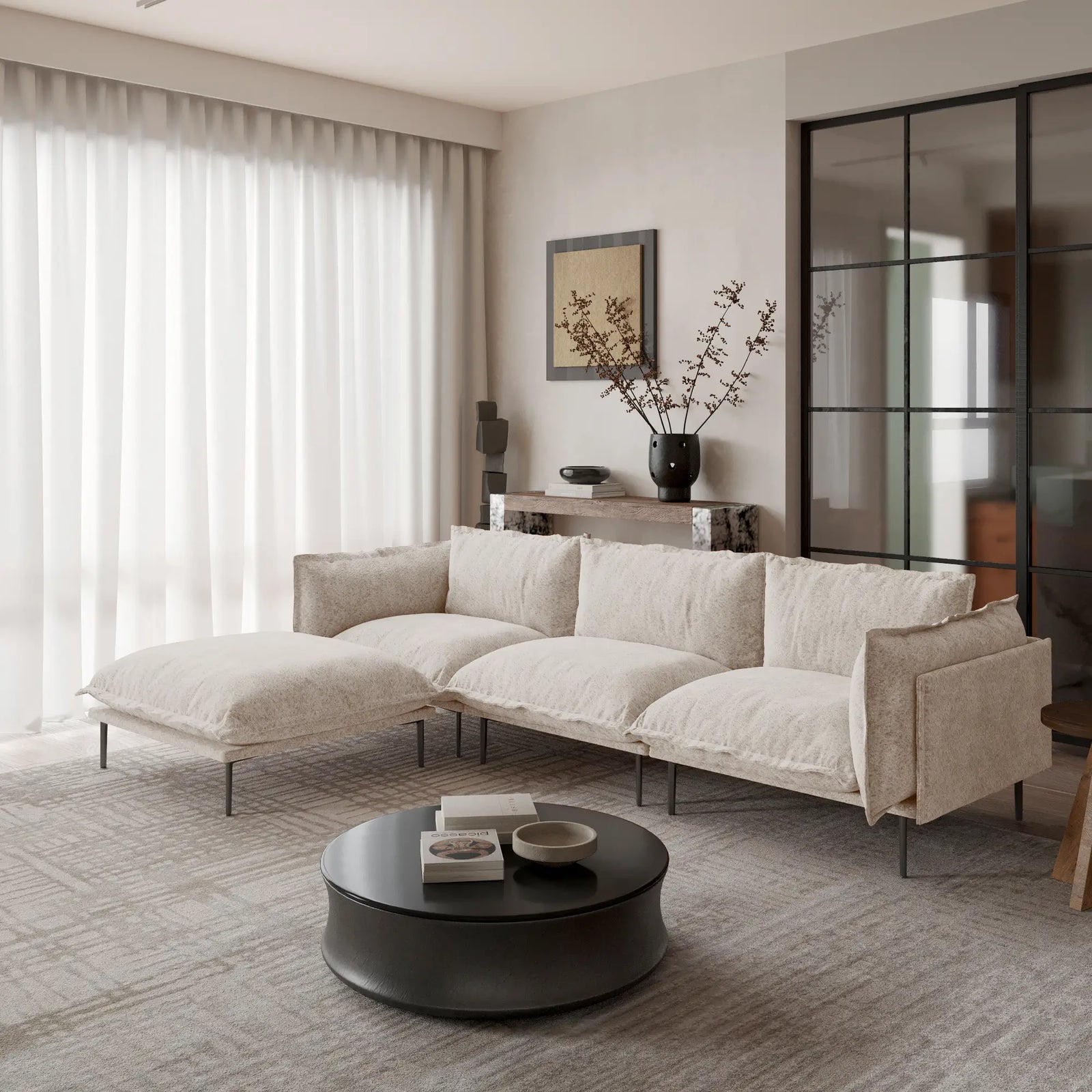 Sofá modular en forma de L Deluxe Cloud de 3 plazas, color marrón | 4 piezas (incluye 1 otomana), tela de terciopelo, diseño espacioso