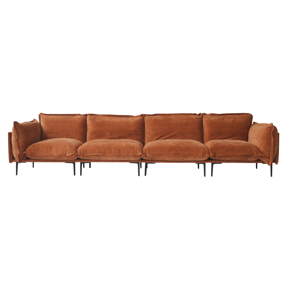 Deluxe Cloud 4-Seater Orange Modular Couch Sectional | 4-Piece, Velvet Fabric, Roomy Layout